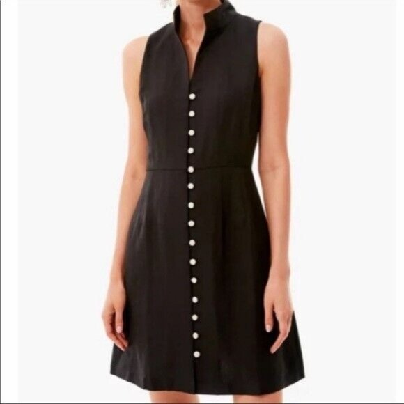Tuckernuck Dresses & Skirts - Tuckernuck Women's Leighton Mini Dress Sleeveless Linen Black Mandarin Collar L